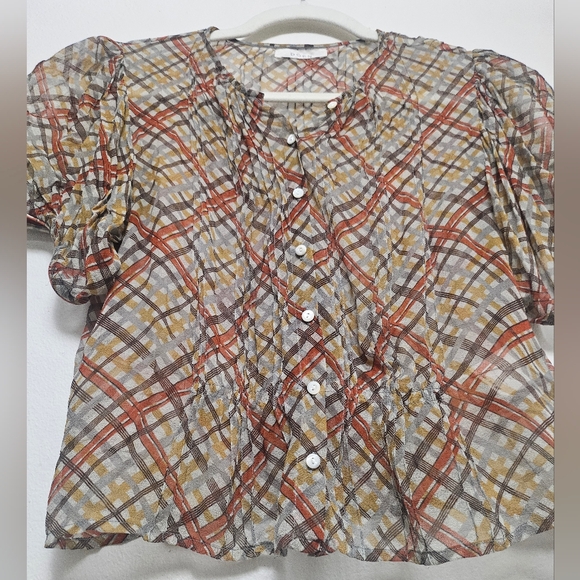 Doen Naret Tomato Emmeline Plaid 100% Silk Top Blouse Sz XS - Picture 7 of 16